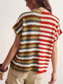Bohemela Top de punto con bloques de color, rayas y patchwork para mujer - Amarillo - Ver 6
