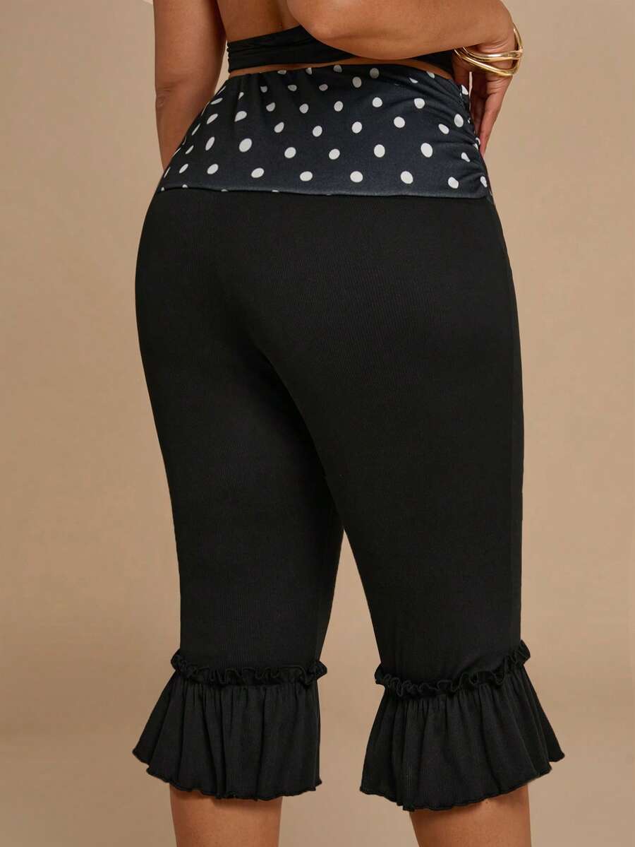 SHEIN BAE CURVE Plus Size Women's Black Polka Dot Ruffle Hem Capri Leggings - Black - View 1