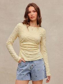 WESTFADE Western Cowgirl Lace Boatneck Ruched Split Side Semi Sheer Fitted Long Sleeve T-Shirt Top Spring Break, Female Country Look, Rodeo, Back To School - Light Yellow - View 4