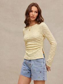 WESTFADE Western Cowgirl Lace Boatneck Ruched Split Side Semi Sheer Fitted Long Sleeve T-Shirt Top Spring Break, Female Country Look, Rodeo, Back To School - Light Yellow - View 5