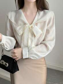 DAZY Solid Color Loose Long Sleeve Elegant Romantic French Teachers' Day Autumn Women's Blouse School Office Tea Party Off-White Vacation - Apricot - View 4