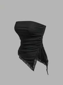 SHEIN MOD 2件組女款蕾絲拼接百褶休閒百搭日常外出抹胸上衣 - 黑與白 - 查看 11