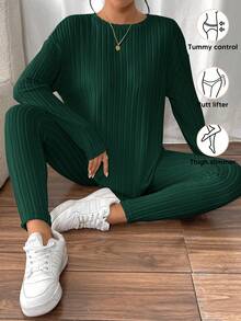 SHEIN Frenchy Drop Shoulder Ribbed Knit Tee & Leggings Textured Fabric Two Pieces - Olive Green - View 5