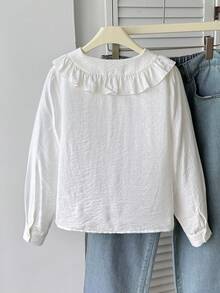 SHEIN Tween少女白色梭織荷葉領休閒長袖襯衫上衣 - 白色 - 查看 5