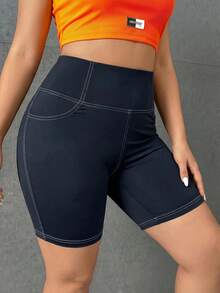 SHEIN PETITE CURVE 大码撞色缝线高腰紧身裤 - 藏蓝色 - 查看 4