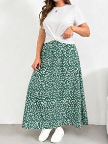 SHEIN Essnce Conjunto de dos piezas de verano para mujer talla grande, conjunto de manga corta, conjunto de falda estampada de dos piezas, conjunto casual y cómodo para mujer talla grande, ropa de mujer estampada, conjuntos de verano para mujer, conjuntos de descanso para mujer, conjunto de dos piezas para vacaciones, conjunto de verano de 2 piezas, conjuntos de verano para mujer - Verde Oscuro - Ver 4