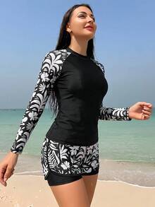 Swim SPRTY 2026新款四季通用夏季海灘熱帶印花落肩袖防曬泳裝女款背心細肩帶比基尼 - 黑與白 - 查看 5