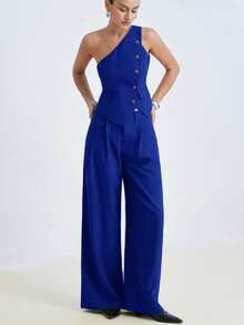 Aveloria Modichic Desain Asimetris Satu Bahu, Elemen Kancing Dekoratif, Celana Panjang Lebar Lurus Pinggang Tinggi, Potongan Slim Fit, Kain Poliester Nyaman. Kata Kunci Populer: Set Ukuran Standar, Tank Top Satu Bahu, Celana Panjang Lebar, Detail Kancing, Pakaian Kantor, Gaya Mewah, Potongan Slim Fit, Koleksi Musim Panas Terbaru, Kustomisasi Kelas Atas. Set Dua Potong Wanita untuk Perjalanan & Kencan - Royal Blue - View 5