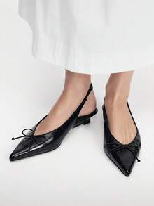 Mnmlis Women Shoes Temperament Simple Black Pleated Glossy Bow Design Pointed Back Strap Low Heel Flat Bottom Low Vamp Shoes Commuting Workplace - Black - View 2