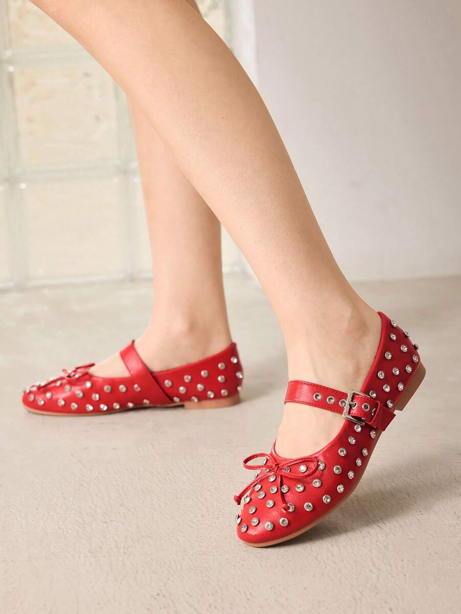 MOTF PREMIUM WOMEN'S EUROPEAN & AMERICAN FASHION RHINESTONE STUDDED BOW FLAT ROUND TOE BALLET SHOES, VERSATILE COMFORTABLE ELEGANT - Red - View 2