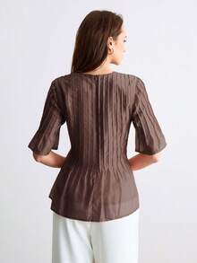 CielaLinda Women's Pleated Crew Neck Short Sleeve Waist-Cinched Top Teachers' Day Office Coffee Brown Summer Elegant - Brown - View 2