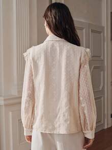 Anewsta 女款重工串珠羽毛刺繡翻領襯衫，蕾絲拼接荷葉邊泡泡長袖上衣 - 杏色 - 查看 2