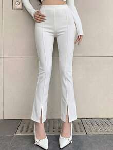 DAZY Damen einfarbige modische schmale elegante lange Hose mit Seitenschlitz am Saum, für zierliche Frauen - Weiss - Übersicht 3