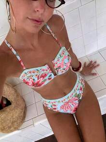 Swim Vcay 女款休閒度假海灘多色印花紋理布料比基尼兩件式泳衣套裝 - 藍色 - 查看 1