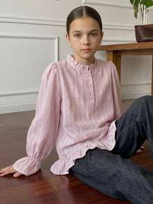 DAZY Round Neck Long Sleeve Striped Loose Casual Shirt With Ruffle Design For Tween Girls Fall - Pink - View 8
