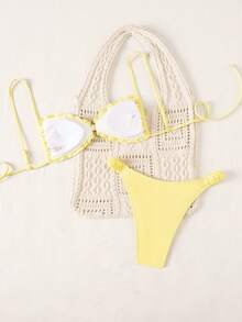 Swim Mod Spring/Summer Polka Dot Print Bikini Swimsuit For Women, Sexy Beach Vacation Swimwear With Double Shoulder Straps - Yellow - View 2