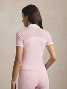Activina 女款拼色立領短袖馬術上衣，四季皆宜，Ralphlauren 老錢風，適合日常休閒穿著、跑步，青春休閒風 - 淺粉色 - 查看 3