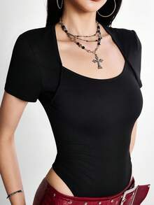 Rina Fox 女款素色標準肩短袖貼身連身衣，極簡設計 - 黑色 - 查看 8