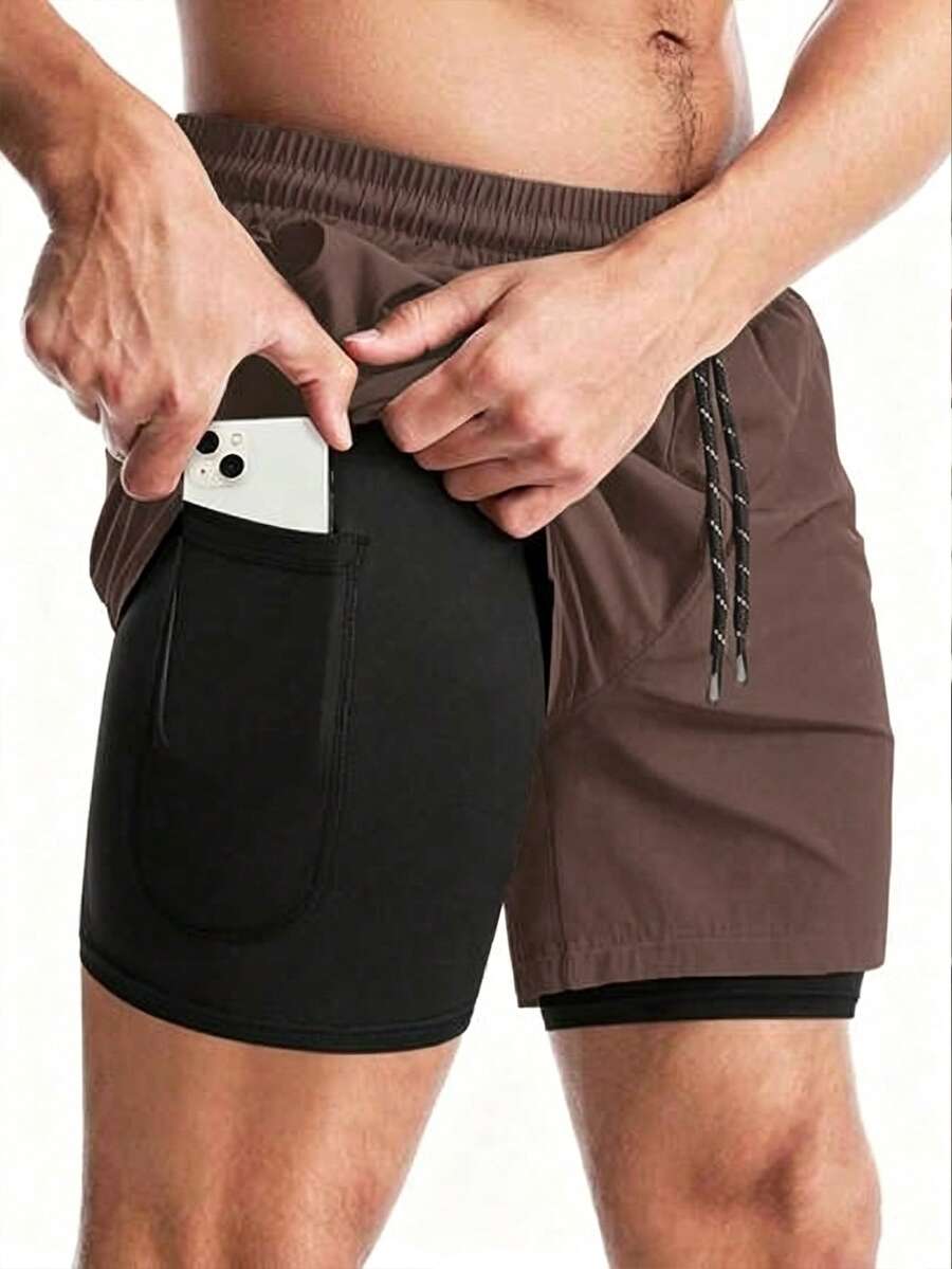 Coreblaze Men's Drawstring Waist Double Layer Sports Shorts - Brown - View 1