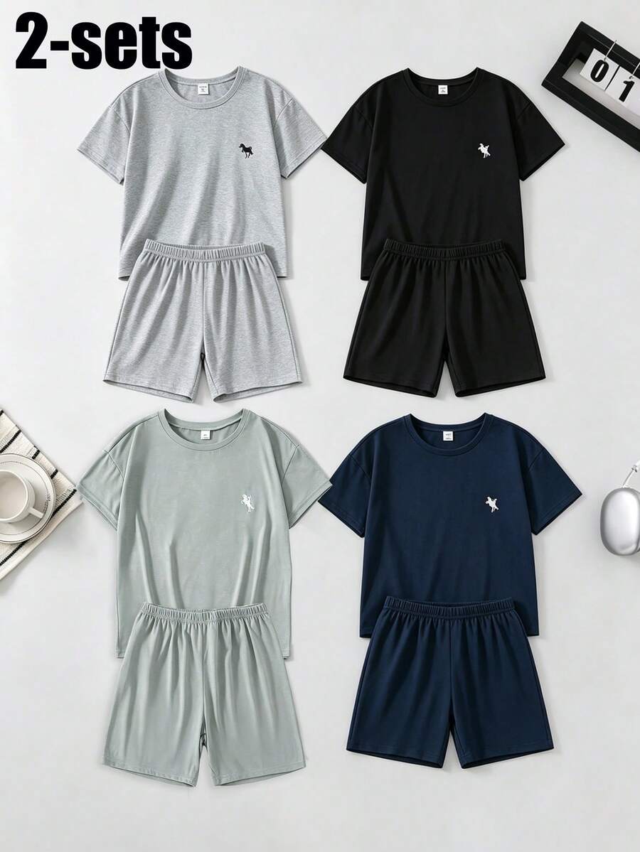 4pcs/Set Boys Short Sleeve T-Shirt & Shorts Set, Dark Blue & Grey Blue, Dropped Shoulder Loose Fit, Embroidered Pattern, Casual Minimalist Comfortable Soft Loungewear For Summer