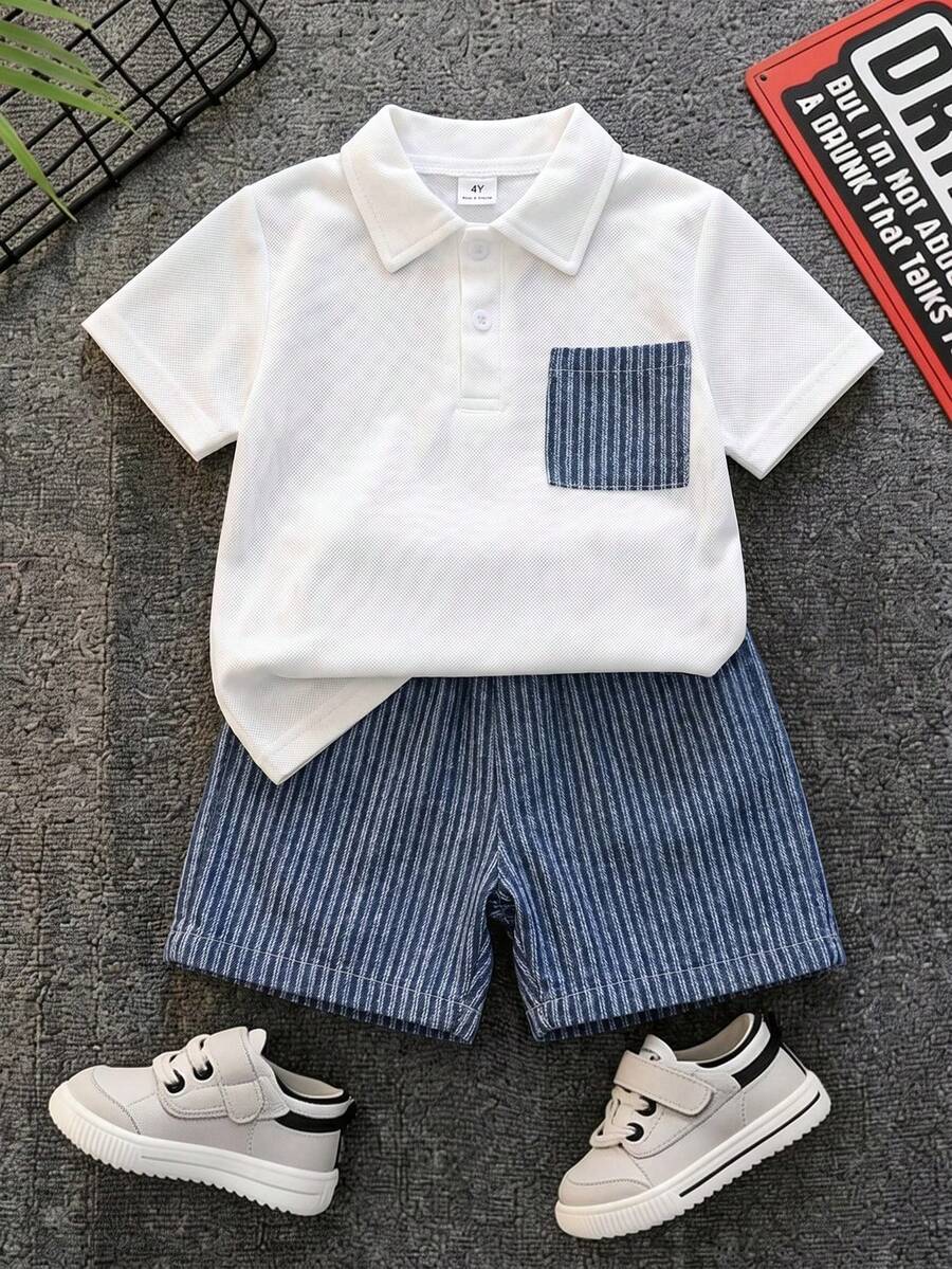 SHEIN 兒童男童 2 件組 牛仔口袋拼接 T 恤與條紋紋理牛仔短褲套裝,領口設計短袖 T 恤/短褲套裝 - 彩色 - 查看 1