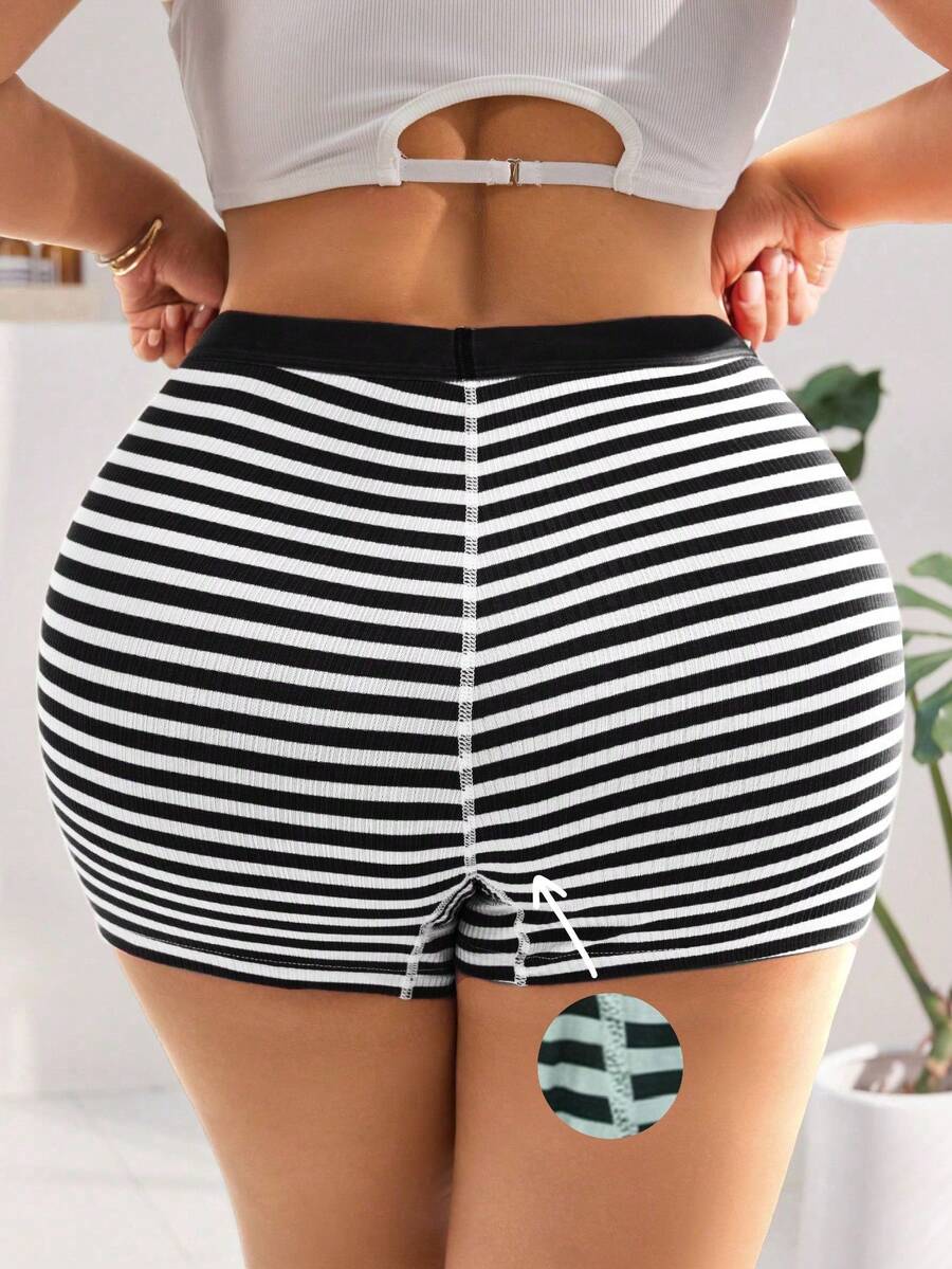 SHEIN 1pc Plus Size Slim Striped Breathable Underwear - Black and White - View 1