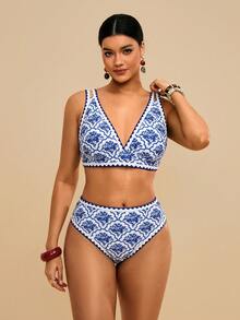 Travachic Conjunto de traje de baño con estampado floral fucsia para mujer talla grande - Azul y blanco - Ver 1