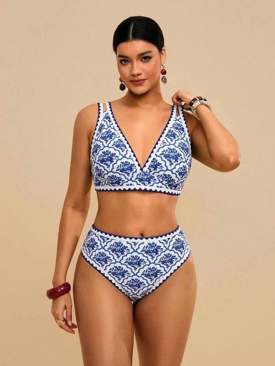 Travachic Conjunto de traje de baño con estampado floral fucsia para mujer talla grande - Azul y blanco - Ver 1