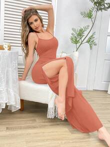 DUSKBASE Women's Solid Color Split Design Casual Daily Wear Home Camisole Jumpsuit - Brown - View 4