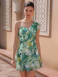BELROSIE European And American Style Spring/Summer New Fashion Versatile White Floral Thread Chiffon Ruffle Sleeveless Dress, Single Shoulder Ruffle Dress - Green - View 4