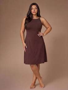 Lazeform Plus Size Women's Brown Summer Square Neck Spaghetti Strap Nightgown,Soft High Stretch Knit Fabric Fitted Slimming Sleeveless Camisole Casual Wear - Brown - View 4