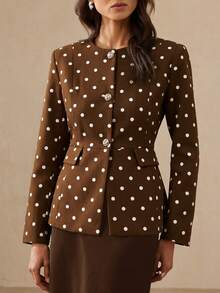 BELROSIE French Elegant Lady Commuter Versatile Polka Dot Exquisite Rhinestone Button Cinched Cinched Waist Long Sleeve Fitted Women's Blazer - Coffee Brown - View 1