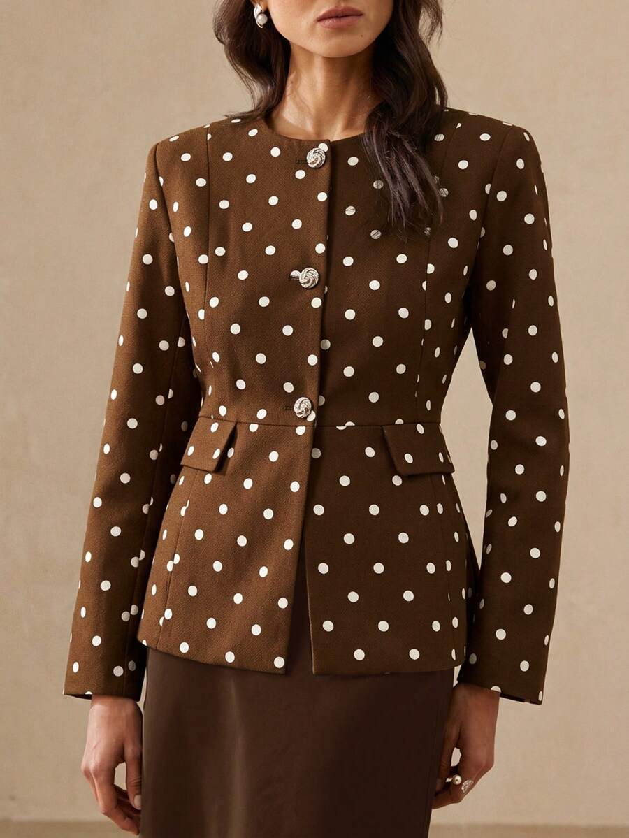 BELROSIE French Elegant Lady Commuter Versatile Polka Dot Exquisite Rhinestone Button Cinched Cinched Waist Long Sleeve Fitted Women's Blazer - Coffee Brown - View 1