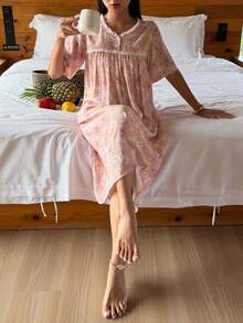 DAZY Women's Floral Print Short Sleeve Nightgown - Pink - View 6