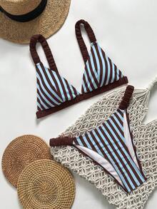 Swim Mod Women's Summer Vacation Casual Beach Wear Red & Blue Striped Print Two Pieces Bikini Set Tie-Up Swimwear - Multicolor - View 5