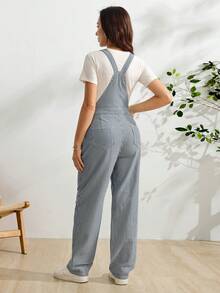 SHEIN 孕婦條紋口袋休閒百搭日常穿著牛仔吊褲 - 淺色水洗藍 - 查看 2