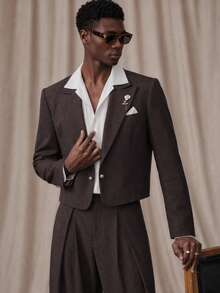 AKNOTIC 男士梭織時尚休閒寬鬆長袖西裝外套與直筒彈性腰長褲 2 件套 - 咖啡棕 - 查看 4