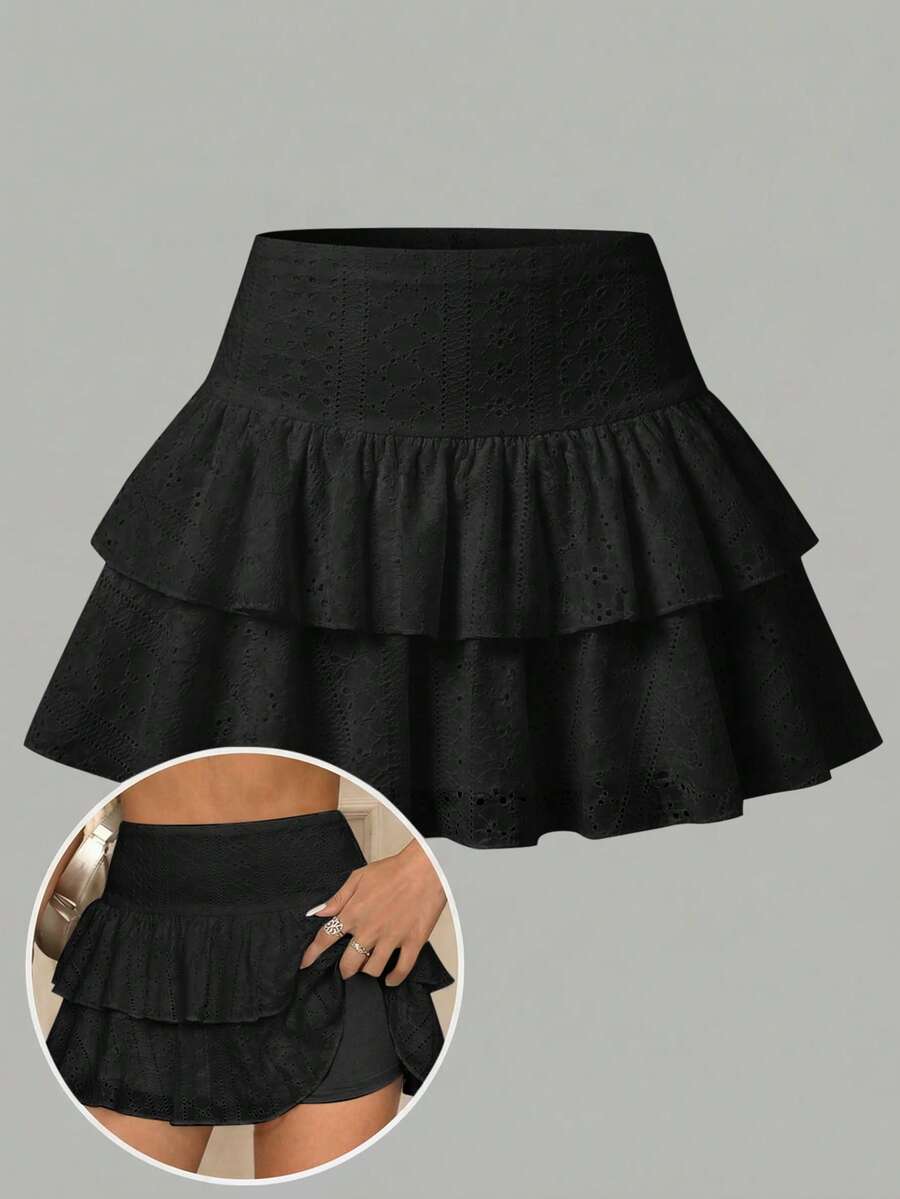 SHEIN Girlism 青少年女孩休閒黑色針織鏤空紋理抓皺A字內搭內搭褲雙層荷葉邊裙襬溜冰裙 - 黑色 - 查看 1