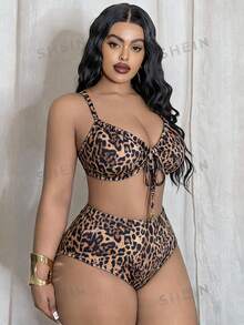 Slaydiva Women's Spring/Summer Spaghetti Strap Drawstring Sexy Beach Swimwear Set, Plus Size Brown - Multicolor - View 4