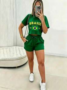 EMERY ROSE Setelan 2 Potong Kaos dan Celana Pendek Motif Brazil Kasual Musim Panas untuk Wanita - Hijau - View 3