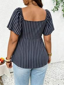 SHEIN Frenchy Casual Spring/Summer Nautical Style Blue & White Striped Pattern Off-Shoulder Drawstring Plus Size Women's T-Shirt, Vacation Women's Off-Shoulder Summer Top - Multicolor - View 3