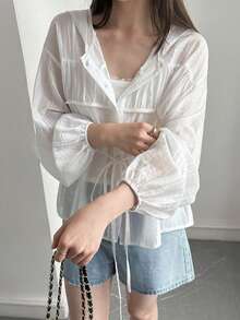 DAZY Solid Color Loose Drawstring Long Sleeve Casual Vacation Sun Protection Women's Shirt Summer School - White - View 8