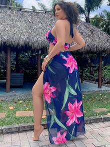 Swim Oasis 大尺碼女款 3 件組性感掛脖隨機數位印花海灘泳池休閒優雅泳裝套裝 - 藏蓝色 - 查看 8