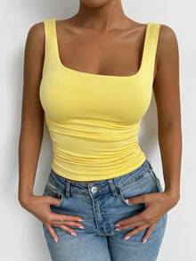 Allurite Summer Casual Solid Color Ruched Slim Fit Square Neck Tank Top - Yellow - View 8