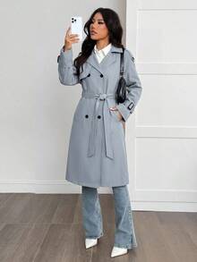 SHEIN PETITE 女款時尚鈕扣口袋綁帶長袖優雅風衣 - 霧霾藍 - 查看 5