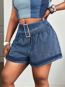 Slaydiva Plus Size Women's Non-Stretch Denim Shorts, High Waist Metal Button Decor Casual Loose Fit Denim Shorts, Cowboy Outfits For Women Navy Blue Summer - Medium Wash - View 3