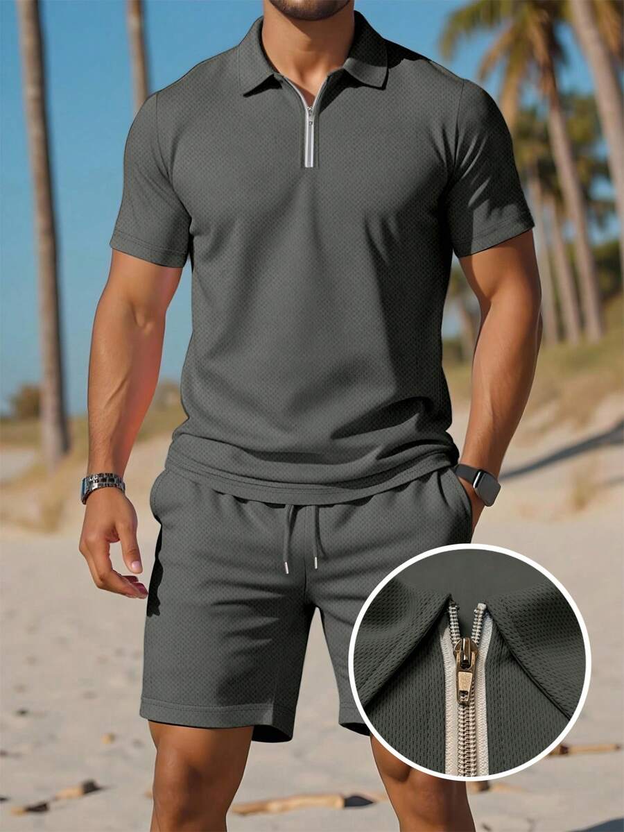 Manfinity Dauomo Men's Casual Solid Color Short Sleeve Polo Shirt And Shorts Set, Summer Holiday Vacation Dark Grey - Dark Grey - View 1