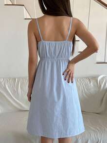 DAZY Vestito canotta estivo da donna con scollo a V, senza maniche, in pizzo a righe con patchwork e vita stretta, camicia da notte e pigiama - Blu - Visualizzare 2