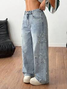 Coolane Women's Rapper Athleisure Grunge Star Pattern Washed Jeans - Light Wash - View 5