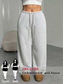 SHEIN Tall CURVE 大尺碼女款素色抽繩腰寬腿鬆身休閒長褲 - 淺灰色 - 查看 2